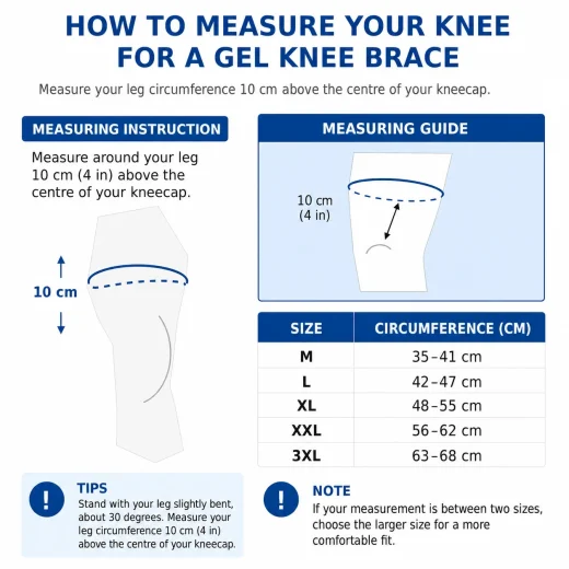 Size guide for Gel Knee Brace showing how to measure above and below the kneecap size chart