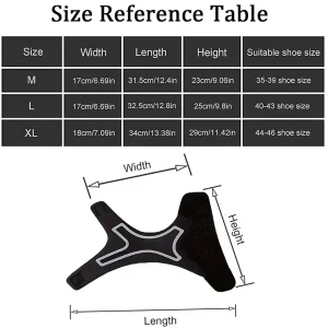 Size reference table for the ankle support brace showing M, L, and XL measurements with suitable shoe sizes