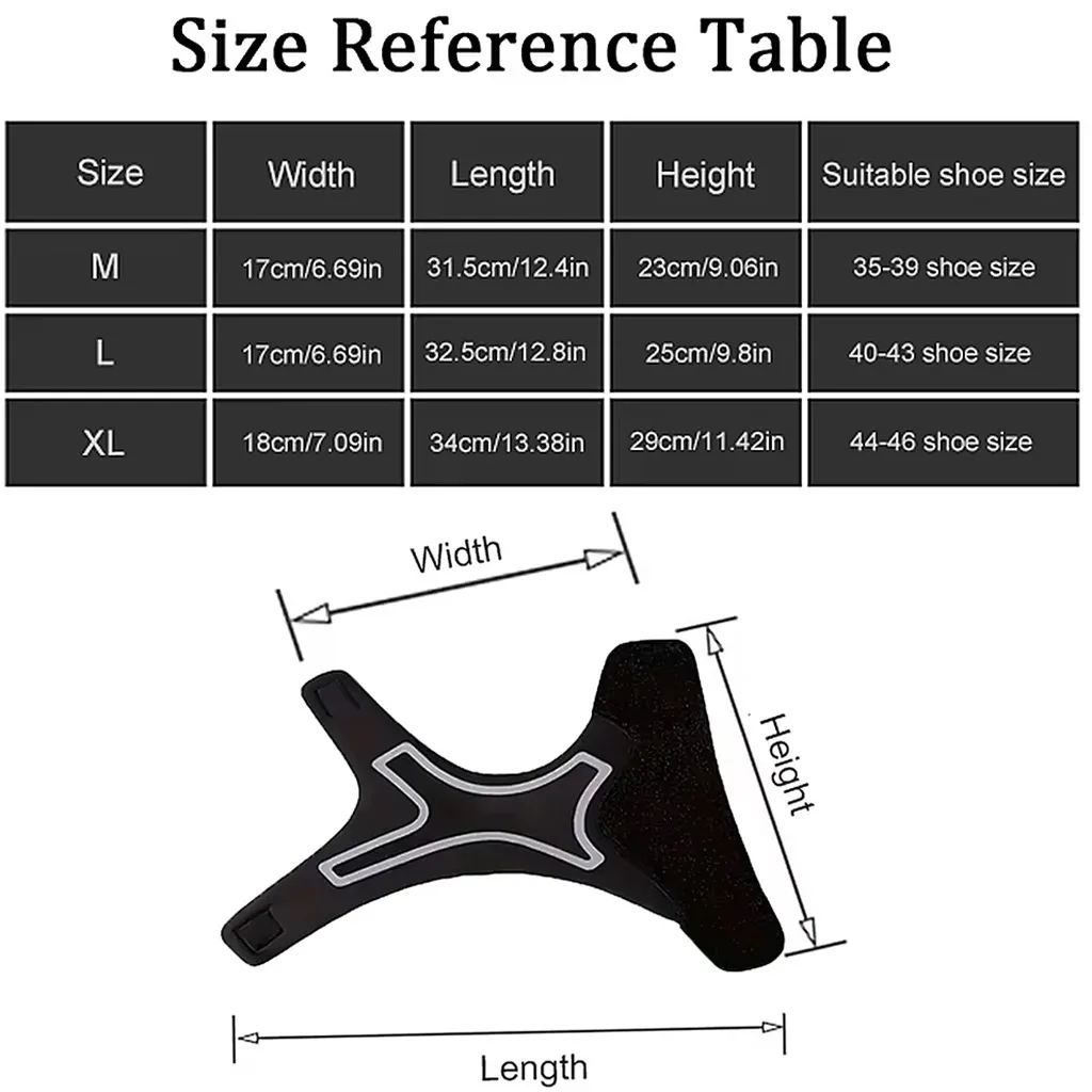 Size reference table for the ankle support brace showing M, L, and XL measurements with suitable shoe sizes