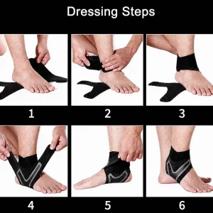 Step-by-step fitting guide showing how to wrap and fasten the ankle support brace on the foot