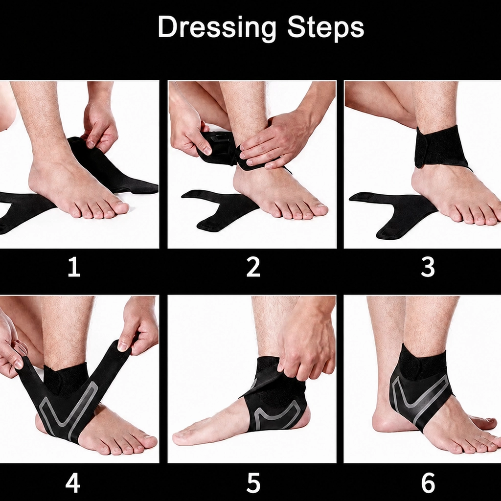 Step-by-step fitting guide showing how to wrap and fasten the ankle support brace on the foot