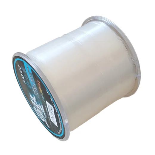 Angled view of a Katuo clear nylon fishing line spool with black and blue label