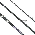 Angled view of black 3 piece surfcasting rod with handle, guides, and rod sections visible