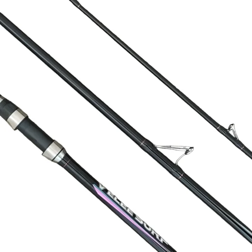 Angled view of black 3 piece surfcasting rod with handle, guides, and rod sections visible