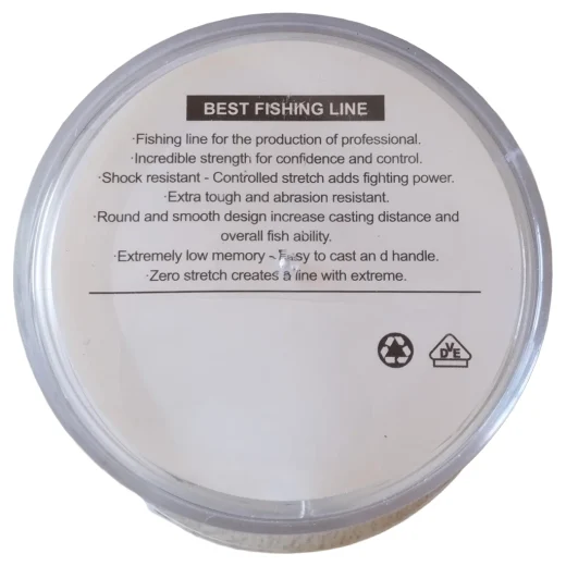 Back label of Kadilali 35kg 70lb fishing line spool showing feature information on the clear plastic case