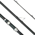 Black 3 piece surfcasting rod showing handle section, rod guides, and blank sections