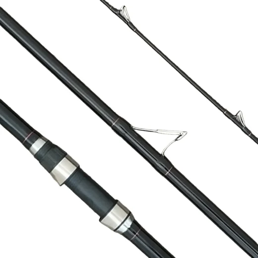 Black 3 piece surfcasting rod showing handle section, rod guides, and blank sections