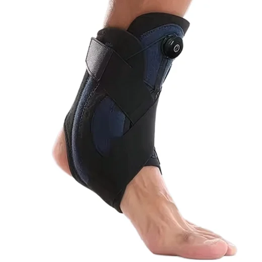 Black and blue universal-fit ankle brace with dial and crossover straps