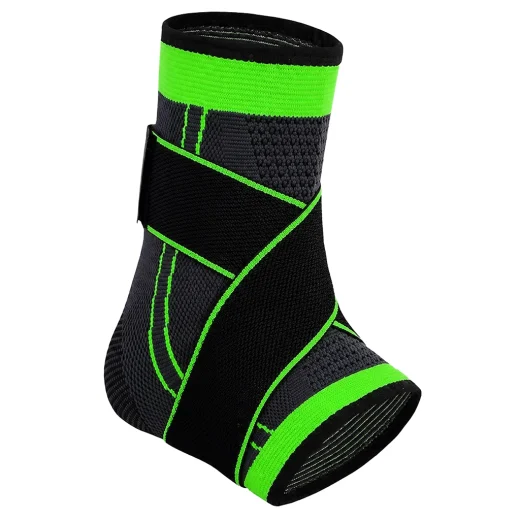 Black and green ankle brace with crossover straps shown on a white background