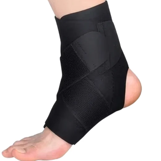 Black ankle support brace worn around the ankle with the open heel and side stabilising panel visible