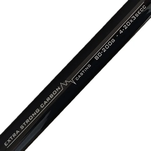 Close-up of black surfcasting rod showing carbon casting weight markings and 4.20m 3 section details