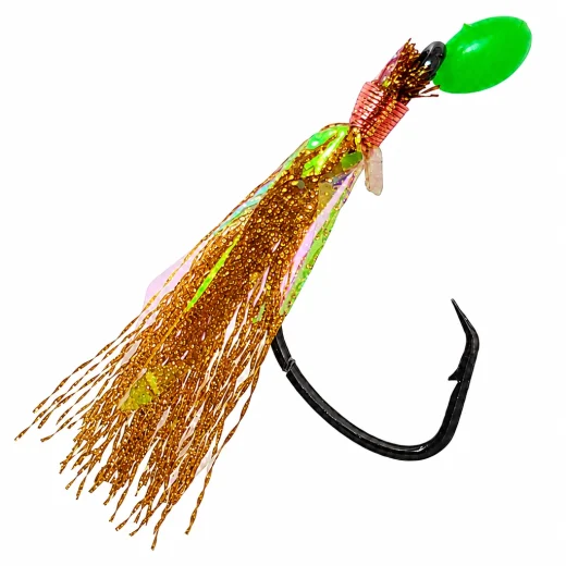 Close-up of gold flasher rig 4/0 hook with dressed skirt and black nickel hook