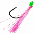 Close-up of pink snapper flasher rig hook with green bead, pink flasher skirt and black nickel hook