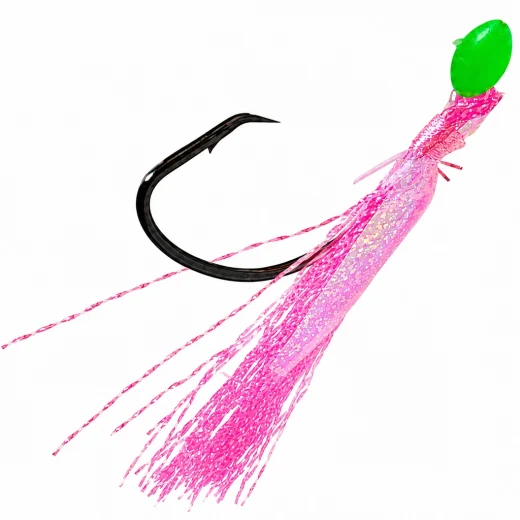 Close-up of pink snapper flasher rig hook with green bead, pink flasher skirt and black nickel hook