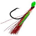 Close-up of red flasher rig hook with green bead, reflective skirt and black nickel 5-0 octopus hook