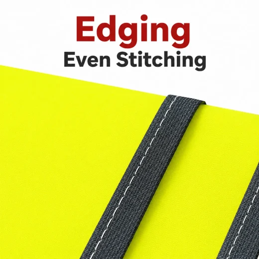 Close-up of the dark edging and visible stitching used around the fluorescent yellow vest