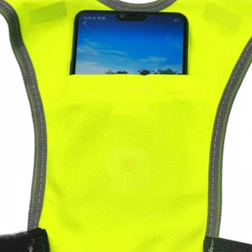 Close-up of the front pocket on the fluorescent yellow hi vis vest holding a smartphone