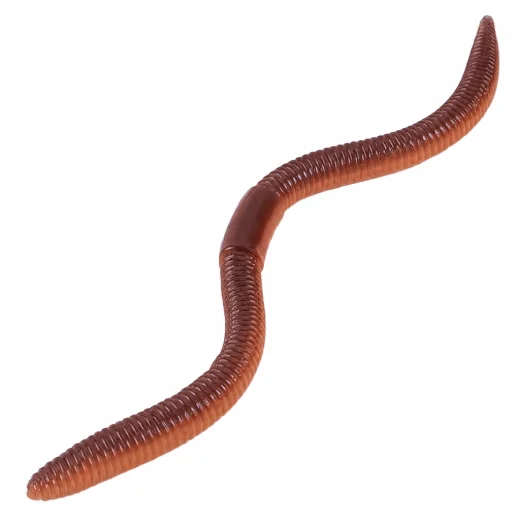 Curved two-tone brown earthworm lure with a ribbed flexible body on a white background