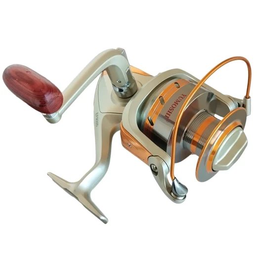 EF9000 large spinning reel shown from above with gold spool details and red-brown handle