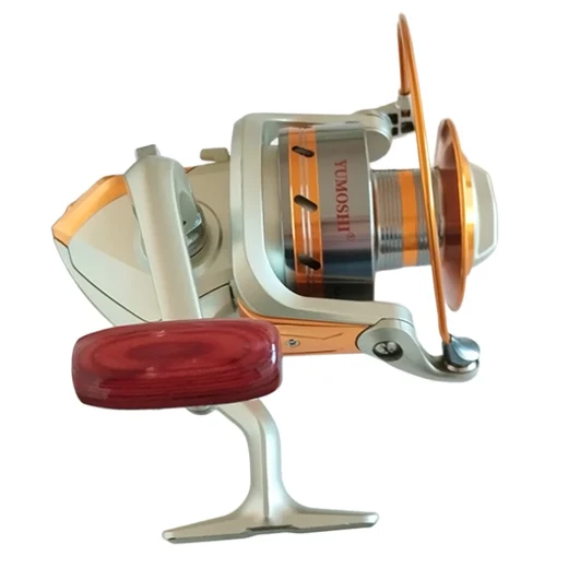 EF9000 surf casting reel side view with silver body, gold spool trim and red-brown handle grip