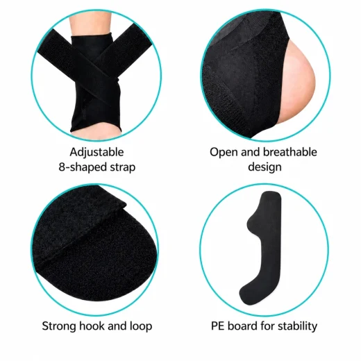 Four feature views of the black ankle support brace showing adjustable figure-8 straps, open heel, hook-and-loop fastening and PE stabilising insert.