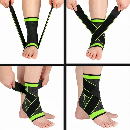 Four-step demonstration showing how to wrap the ankle brace straps
