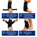Four-step guide showing how to fit and adjust the black and blue ankle brace