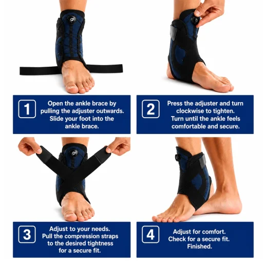Four-step guide showing how to fit and adjust the black and blue ankle brace