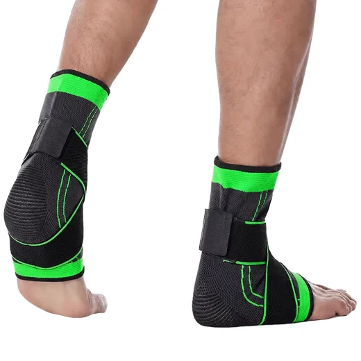 Front and rear views of black and green ankle braces being worn