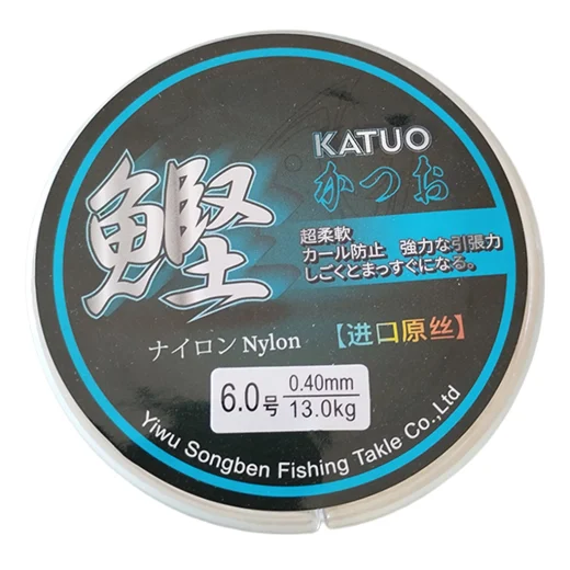 Front label of Katuo nylon fishing line spool showing size 6.0, 0.40mm diameter and 13.0kg rating