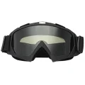 Front view of Grey Tint Snow Goggles with a black frame, wide lens and black head strap