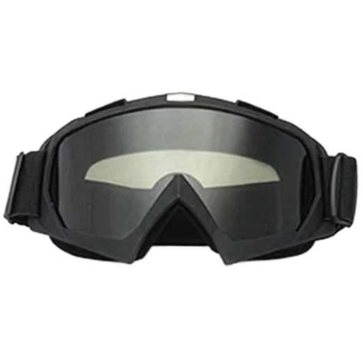 Front view of Grey Tint Snow Goggles with a black frame, wide lens and black head strap