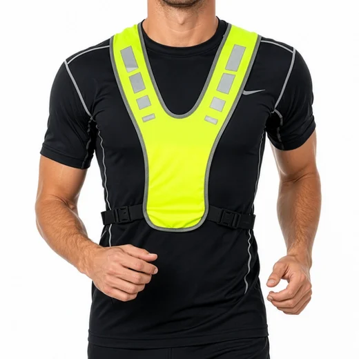 Front view of a person wearing the fluorescent yellow hi vis vest over a black sports shirt