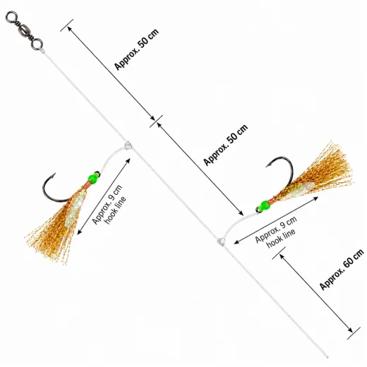Gold flasher rig length guide showing hook spacing, hook lines and lower sinker section