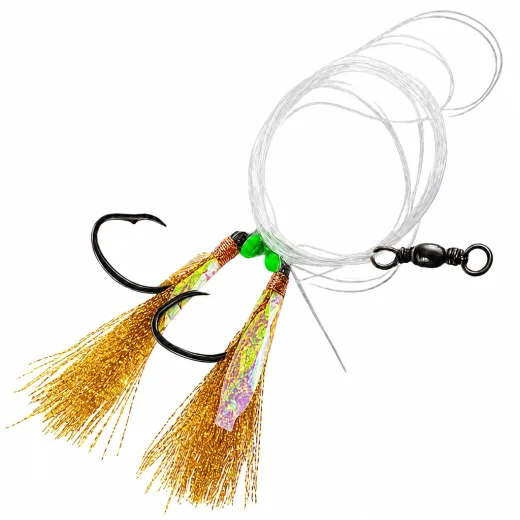Gold two hook flasher rig with nylon line, dressed hooks and swivel connector