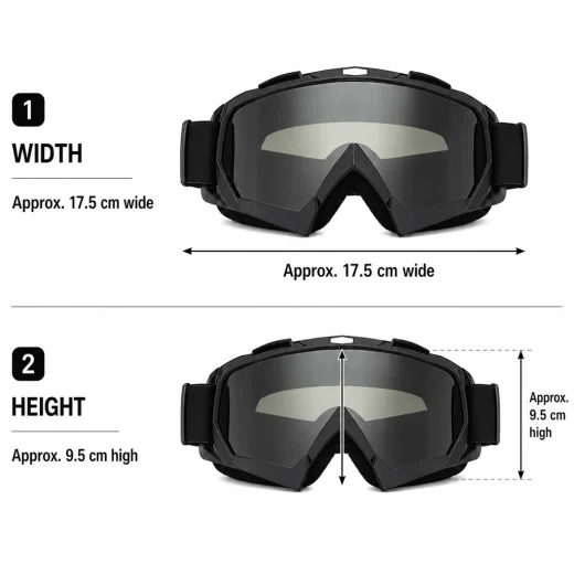 Grey Tint Snow Goggles dimensions showing an approximate width of 17.5cm and height of 9.5cm