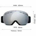 Mirror snow goggles dimensions showing 182mm width, 104mm height, 42mm thickness and 30mm nose opening