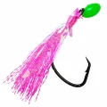 Pink flasher rig detail showing dressed 6/0 hook, reflective skirt and green bead for larger bait fishing
