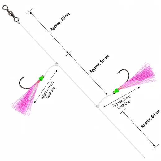 Pink flasher rig measurement guide showing approximate total rig length, hook spacing and hook line lengths