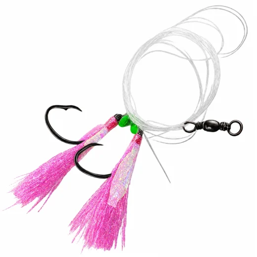 Pink snapper flasher rig with two dressed 6/0 hooks, nylon line, green beads and swivel connector