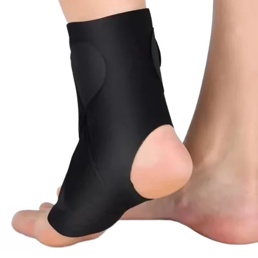Rear view of the black ankle support brace showing the open heel and full ankle sleeve