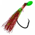 Red flasher rig lure section showing red skirt, green reflective strip, green bead and black hook