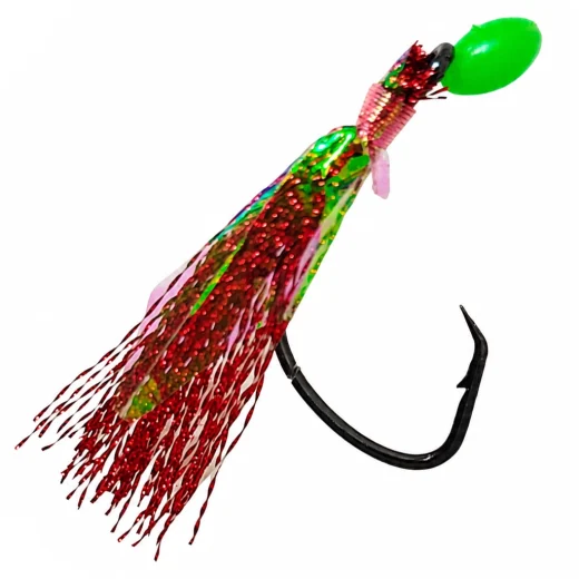 Red flasher rig lure section showing red skirt, green reflective strip, green bead and black hook