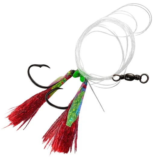 Red flasher rig with two dressed 5-0 hooks, nylon leader line and barrel swivel on white background
