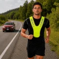 Runner wearing the fluorescent yellow hi vis vest beside a road during daylight