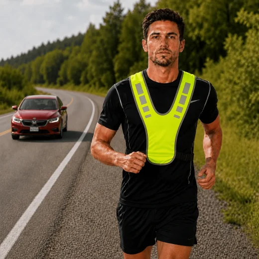 Runner wearing the fluorescent yellow hi vis vest beside a road during daylight