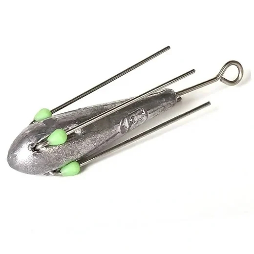 Side view of a Suckerme 3oz Breakaway Sinker showing wire prongs and green glow beads