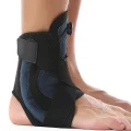 Side view of black and blue ankle brace with crossover compression straps