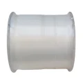 Side view of clear monofilament fishing line wound around a large plastic spool