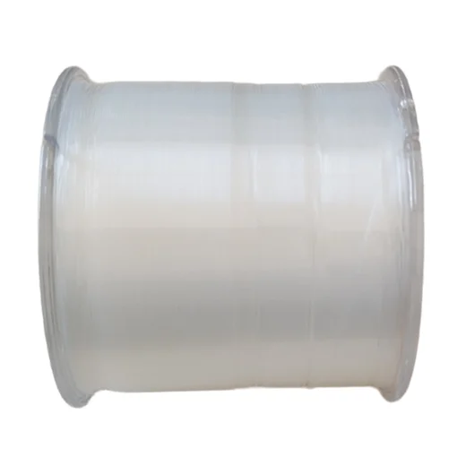 Side view of clear monofilament fishing line wound around a large plastic spool